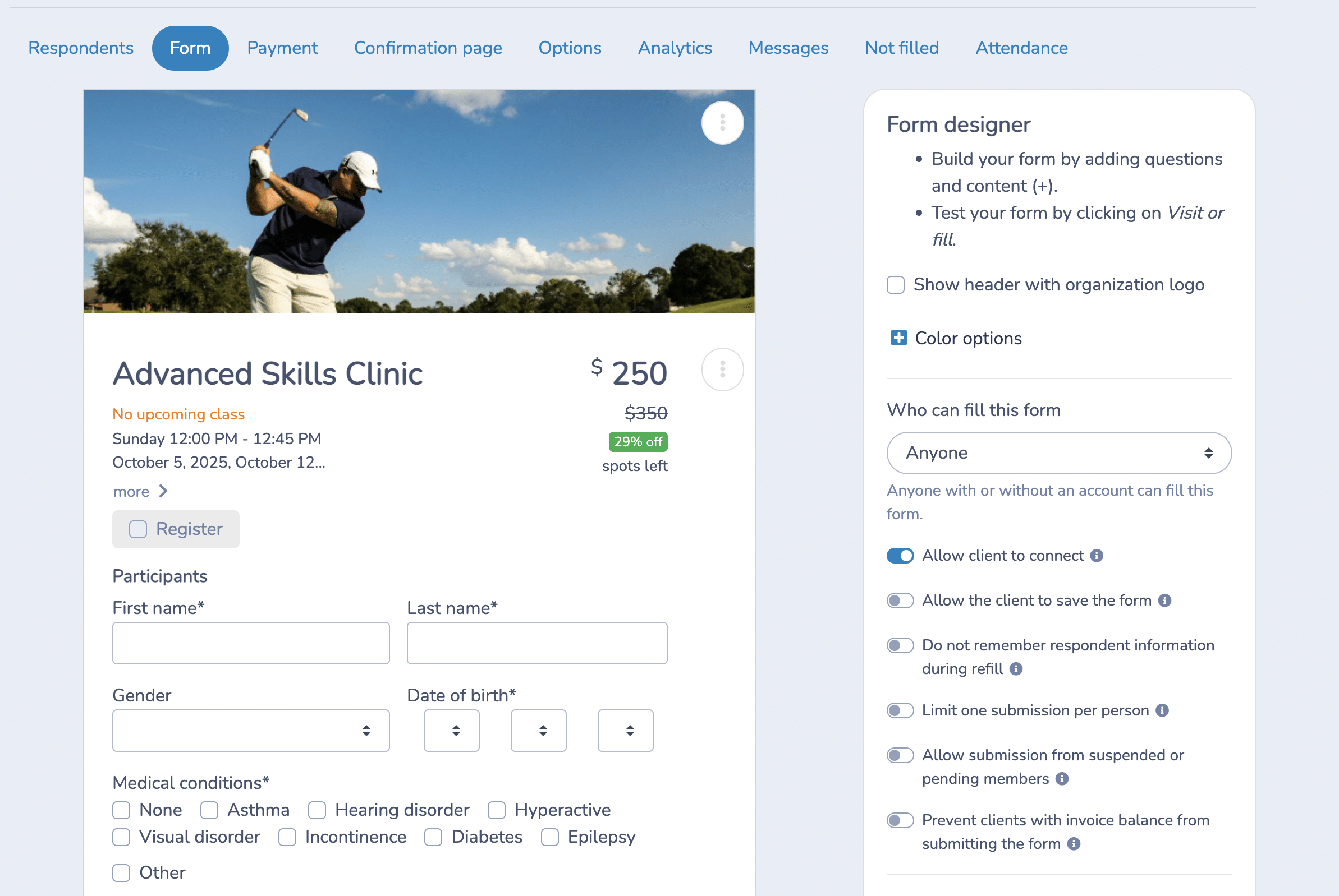 Activity Messenger Golf Registration Form Example